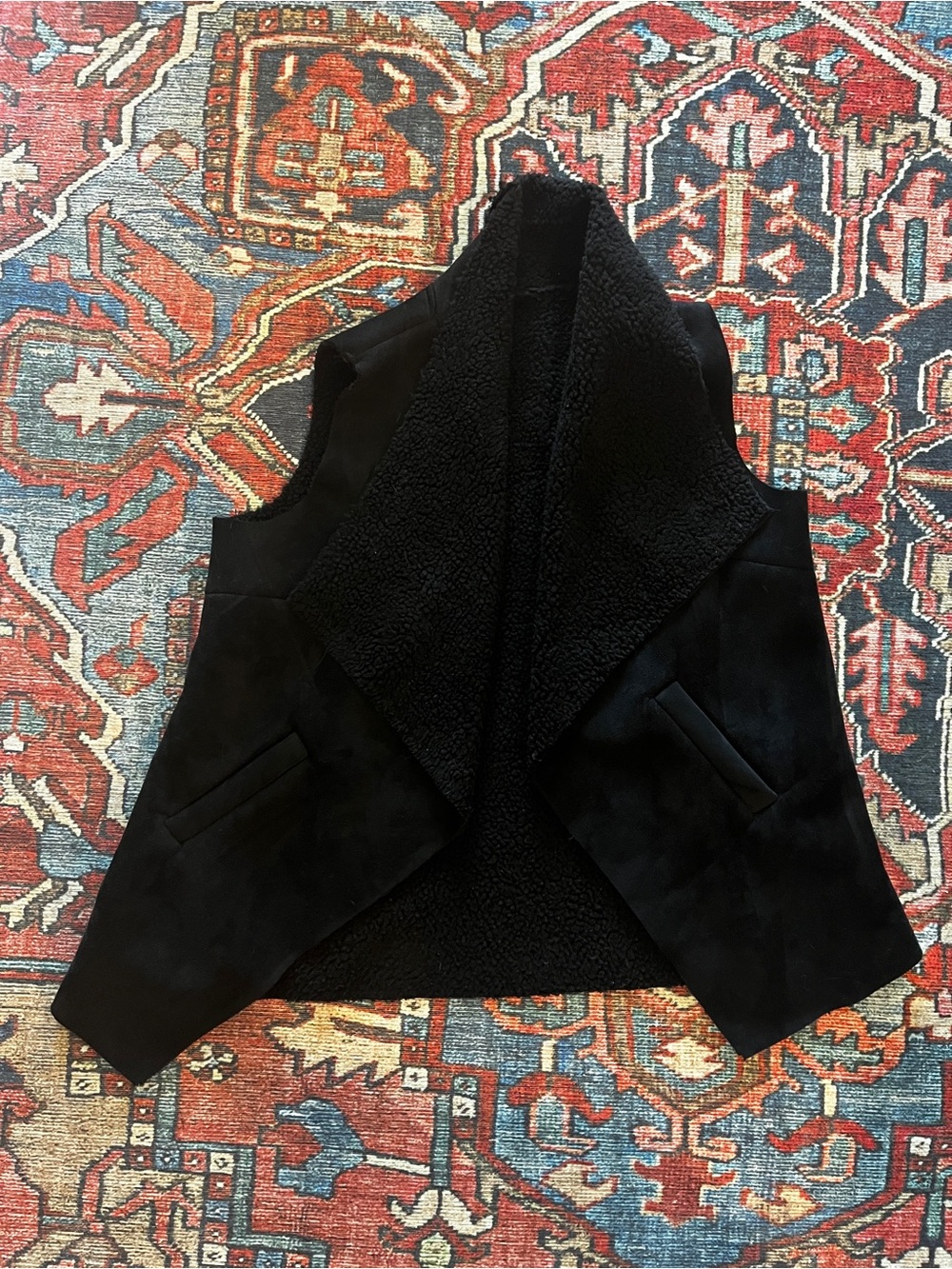 Black Faux Shearling Open Vest Jacket - unknown brand